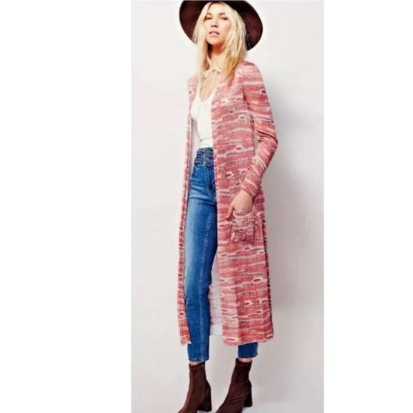 🌟NEW Free People Rust Orange Silky Ribbed Ikat Aztec Duster Cardigan Size Small - Picture 7 of 12